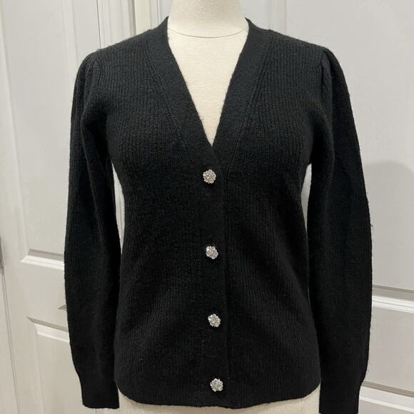 New LOFT Black Cardigan w/ Faux Crystal Buttons Women's Large NWT - Picture 1 of 8